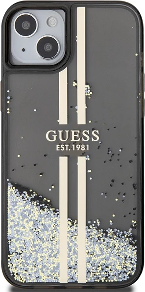 Mbështjellës Guess Liquid Glitter Gold Stripes për iPhone 15 Plus / 14 Plus, e zezë
