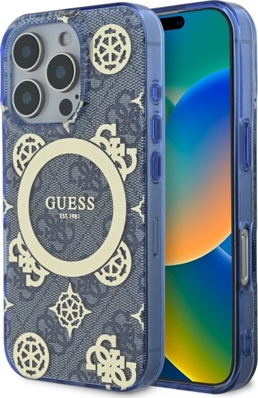 Mbështjellës Guess Peony On 4G MagSafe për iPhone 16 Pro, Blu