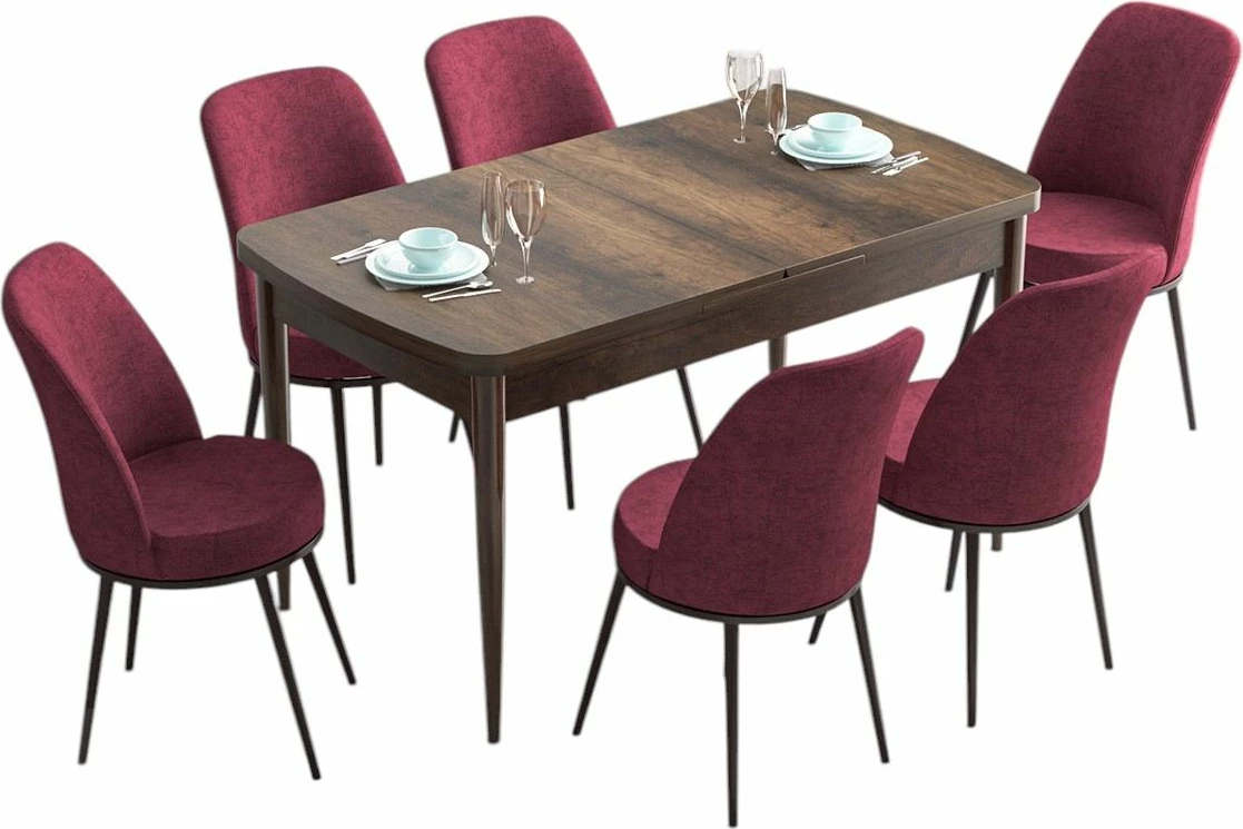 Tavolinë me karrige për ngrënie, e zgjatshme, 7 copë, ngjyrë barok dhe burgundy, Skye Decor Han