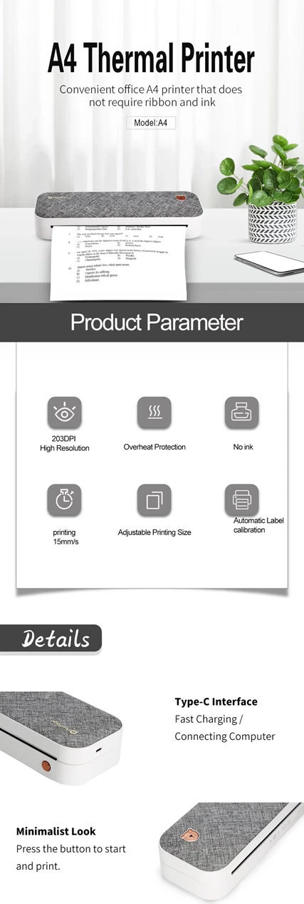 Printer termal A4 PeriPage A40, i bardhë