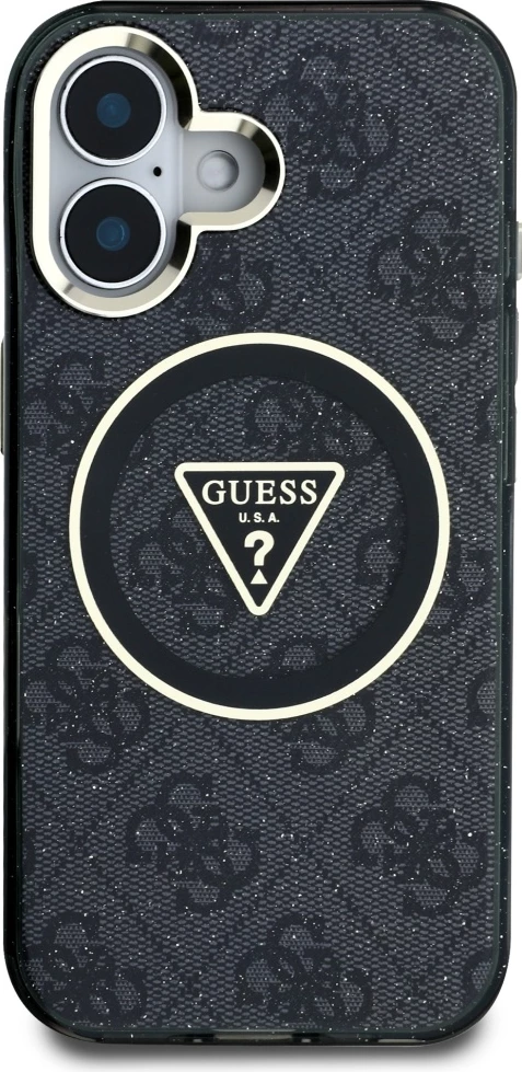 Mbështjellës Guess IML Metal Glitter 4G Circle Triangle MagSafe për iPhone 16, i zi