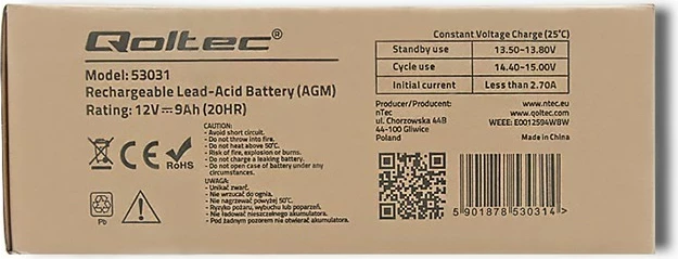 Bateri AGM Qoltec 53031, 12V, 9Ah, Gri/Gjelbër