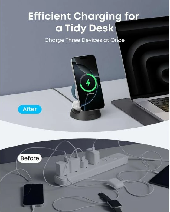 Stacion karikimi pa kabllo Anker MagGo B25M4G11 3-në-1 15W Qi2/MagSafe, i zi, set me adapter USB-C PD 36W + kabllo USB-C