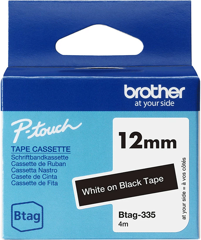 Shirit etikete Brother Btag-335, 12mm x 4m, për P-touch PT-N10/PT-N20/PT-N25BT, e bardhë në të zezë
