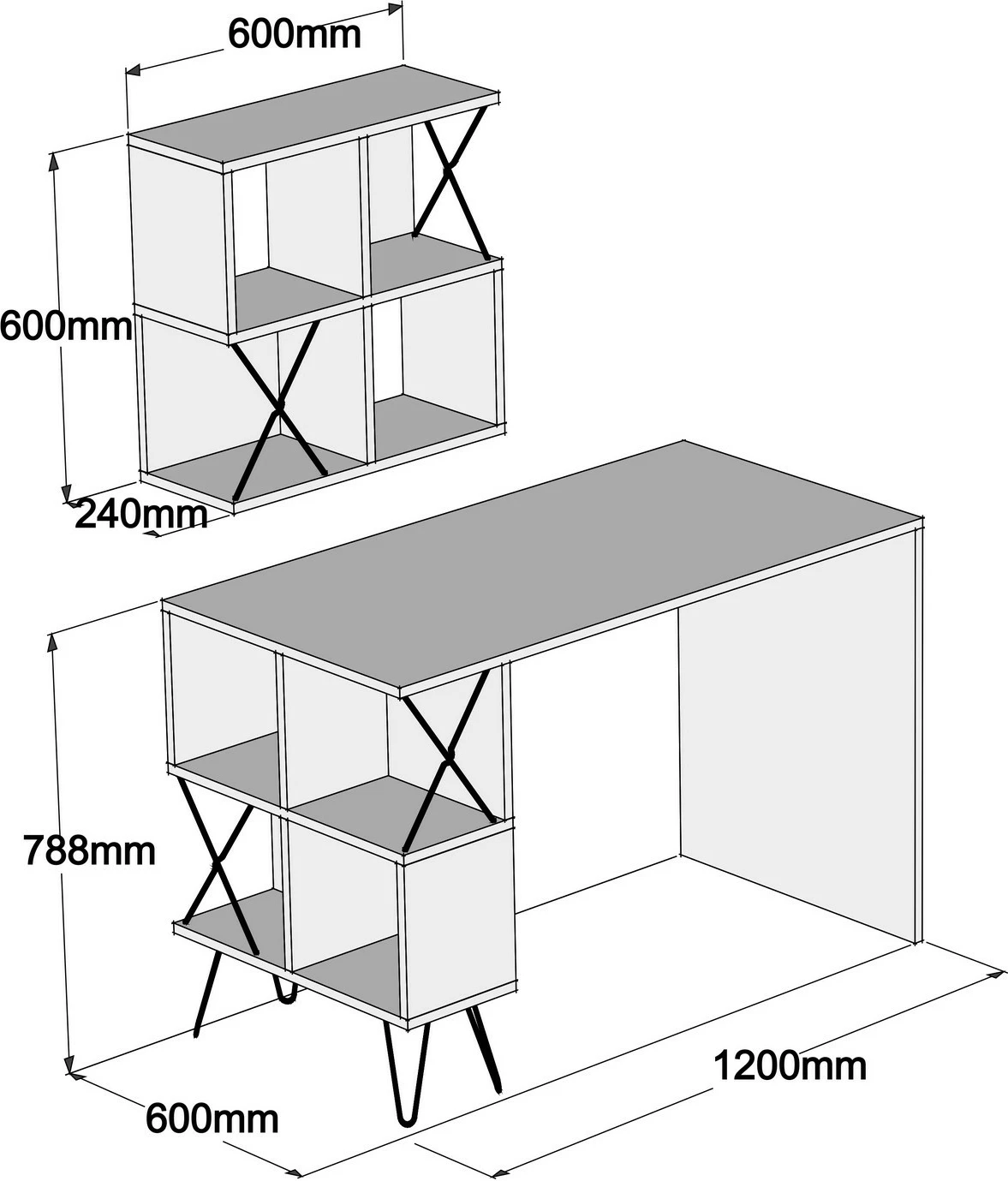 Tavolinë studimi moderne, e bardhë/zezë, Skye Decor, Extra 2, me rafte muri