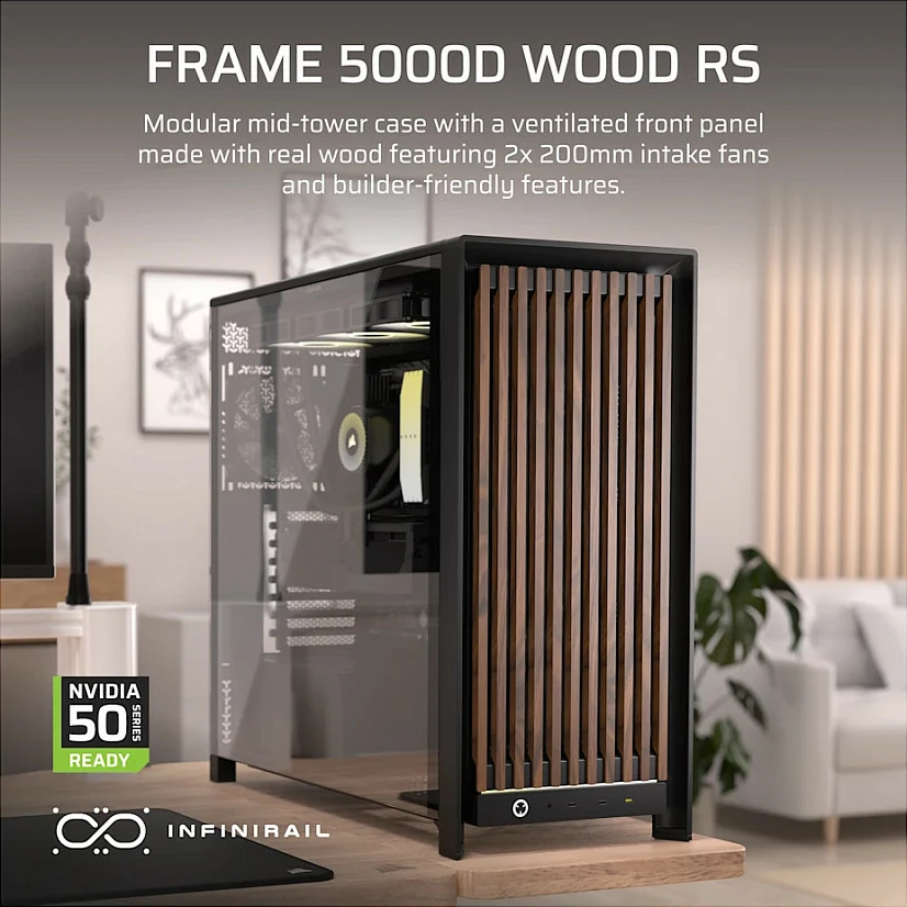 Kasë Corsair FRAME 5000D Wood RS Performance, Midi Tower, Black/Walnut
