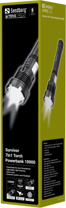 Llambë dore + powerbank SANDBERG Survivor 7-in-1 Torch Powerbank 10000 10,000 mAh 1000 lm, e zezë, set 4 pjesë
