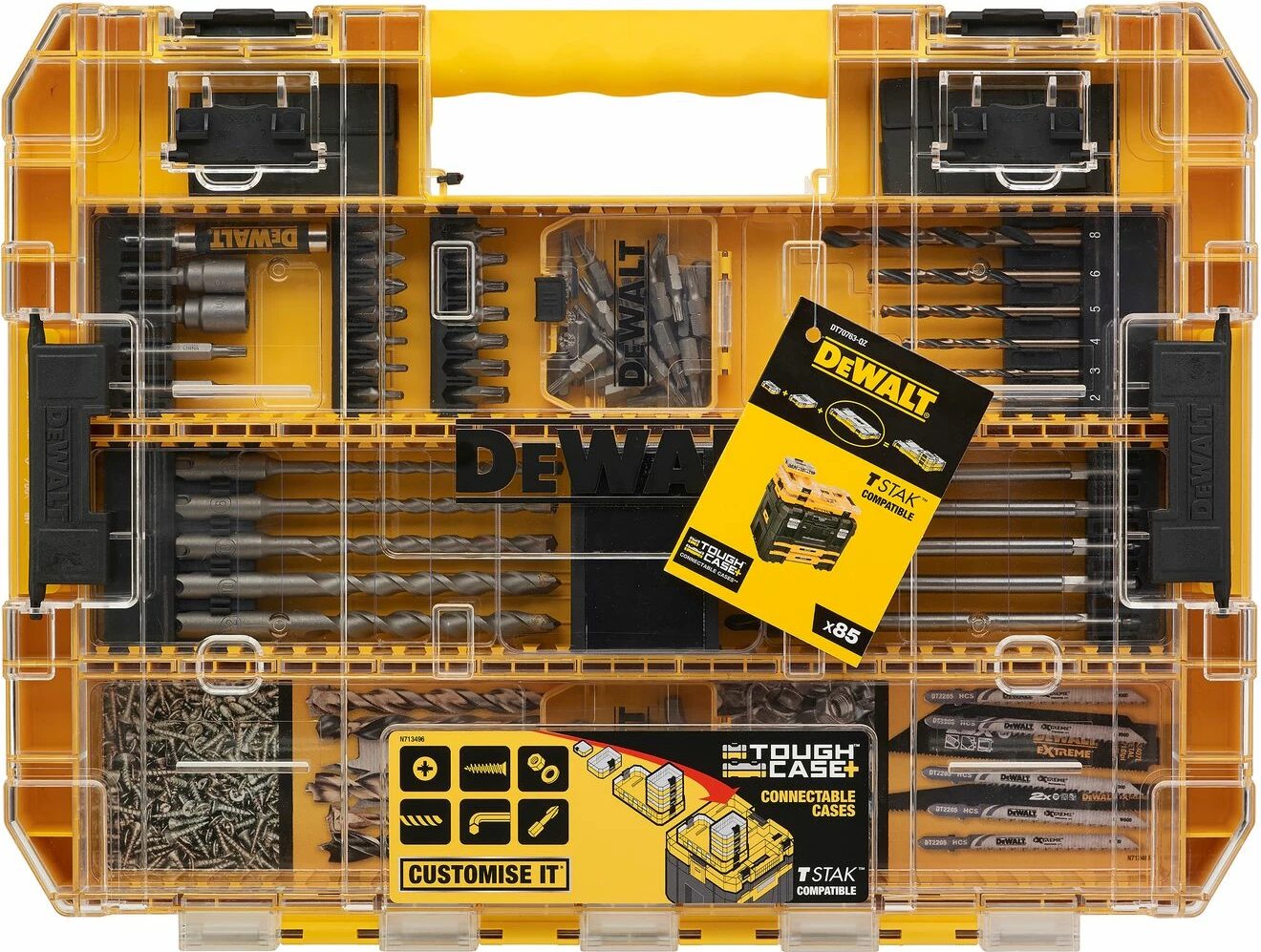 Set bitash impakt dhe shpuesash Dewalt DT70763, 85 copë, me kasë TOUGHCASE+