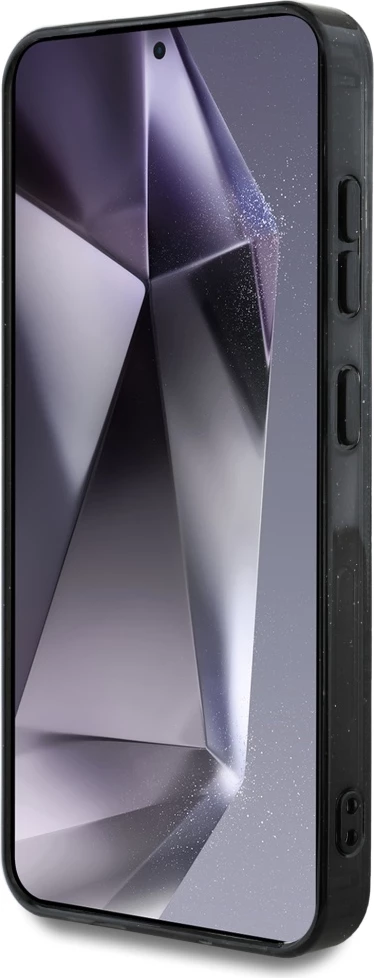 Mbështjellës Guess 4G Glitter Triangle Buttons MagSafe për Samsung Galaxy S25, i zi