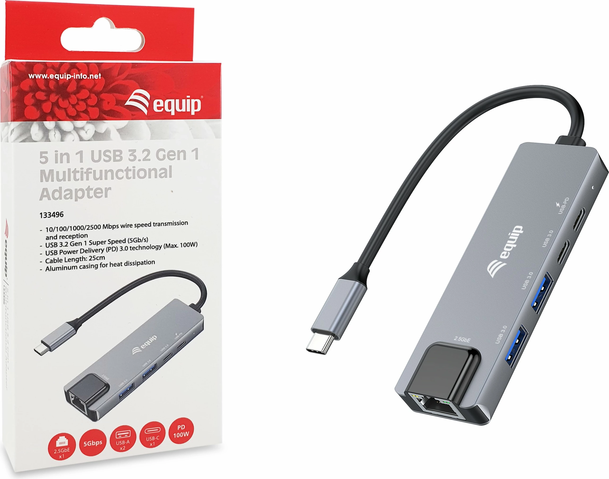 Adapter multifunksional Equip 5 në 1, USB-C, 2.5GbE, 100W, Gri