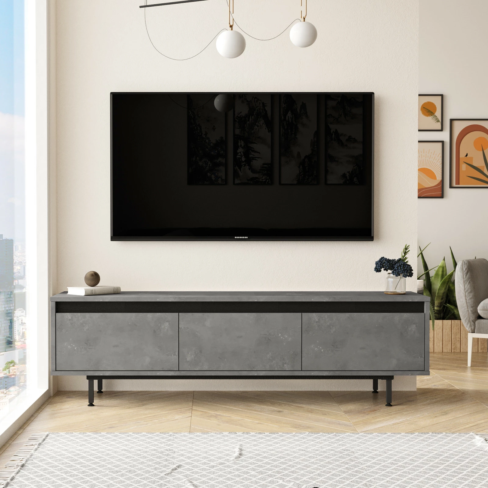 Komodë TV Hanah Home, LV1-RL, ngjyrë argjendi dhe e zezë