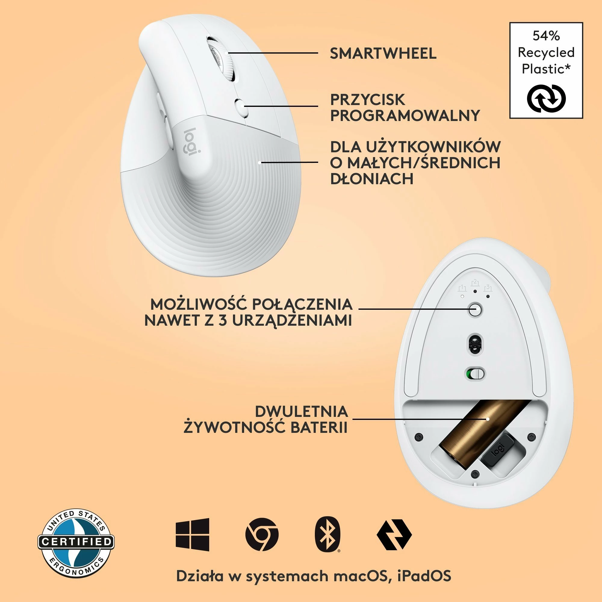 Maus vertikal wireless Logitech Lift 910-006475, 4000 DPI, Bluetooth/USB, 6 butona, për dorë të djathtë, i bardhë
