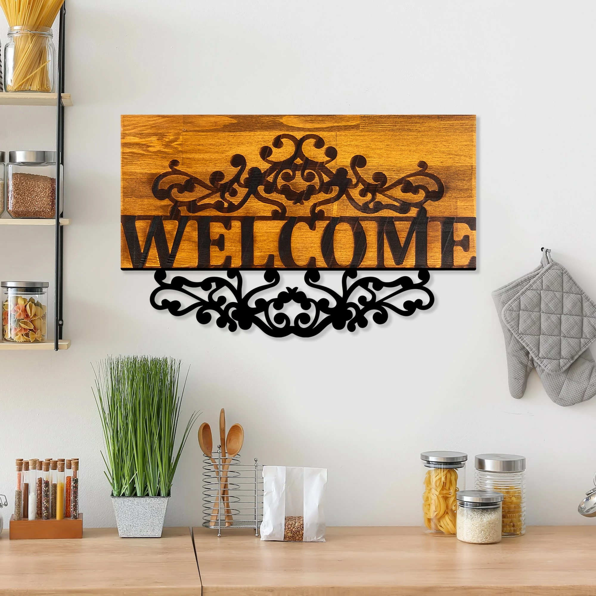 Aksesor dekorativ muri prej druri, Wallity, ngjyrë arre dhe e zezë, Welcome