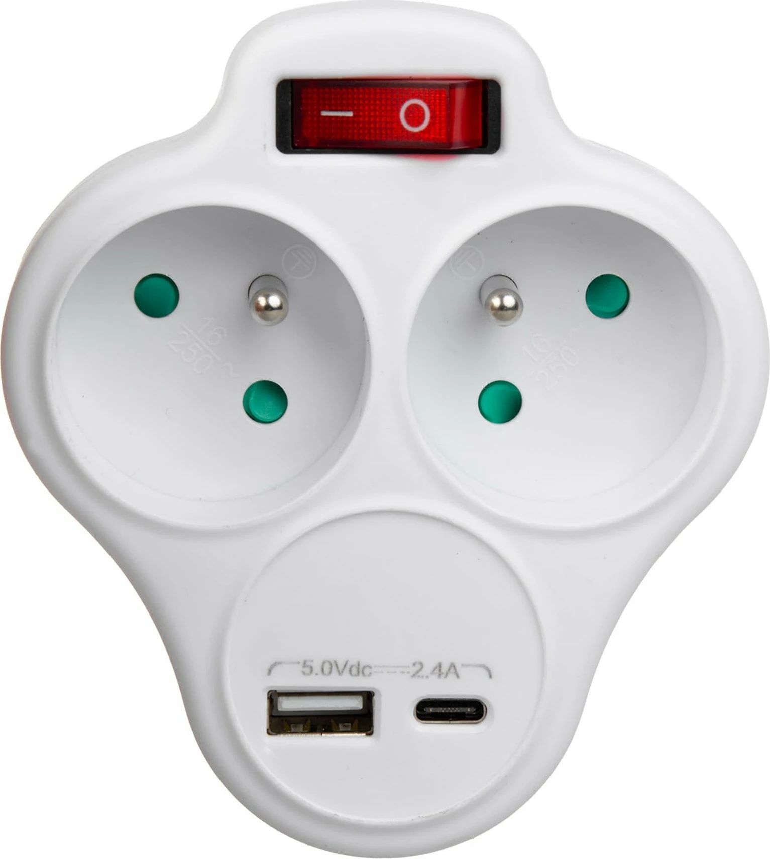 Ndarës prize Maclean MCE336 E, 2 priza Type E 2x16A, USB-A/USB-C 2.4A, me switch ON/OFF, e bardhë