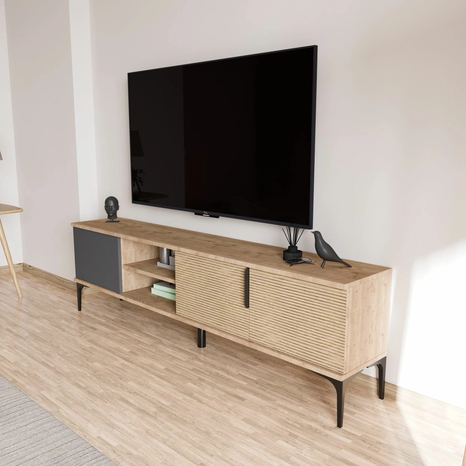 Komodë TV Hanah Home, ngjyrë antracit dhe lis, Tarz