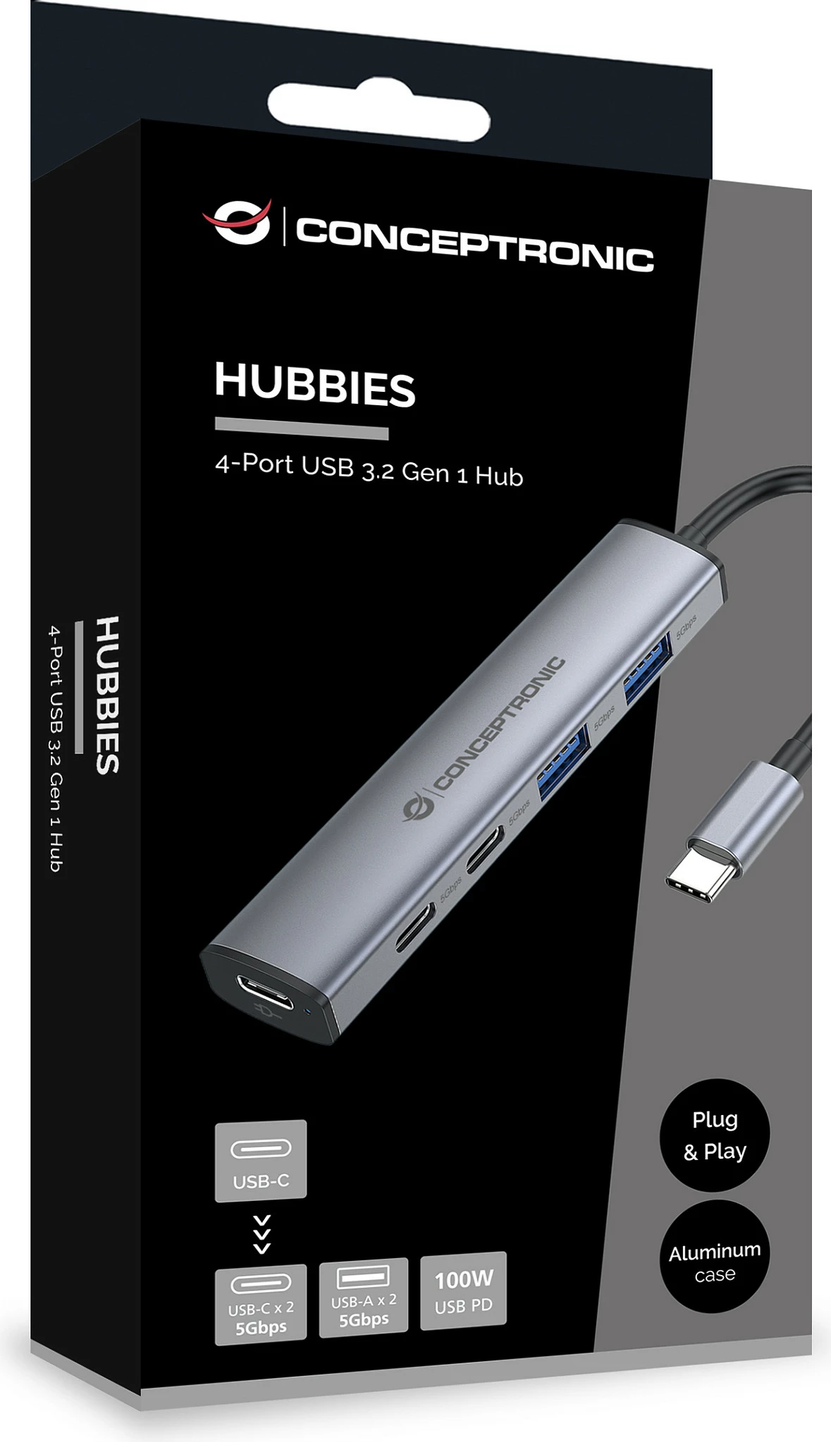 Dock USB-C Conceptronic 4-në-1, 2x USB-C, 2x USB-A, 100W PD, gri