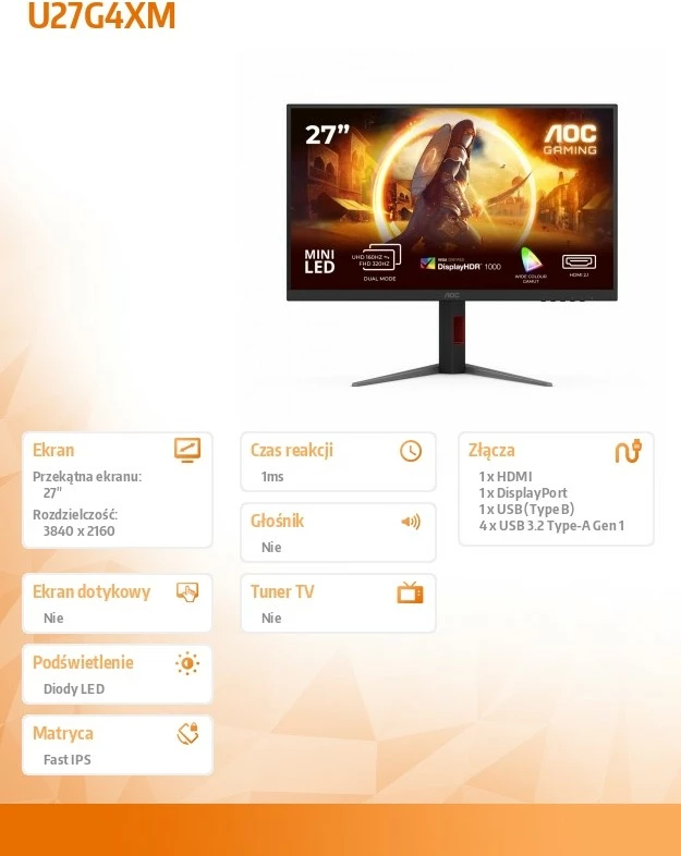 Monitor AOC U27G4XM 27" 4K 160Hz Fast IPS Mini LED HDR1000 1ms HDMI 2.1 DP Pivot i zi