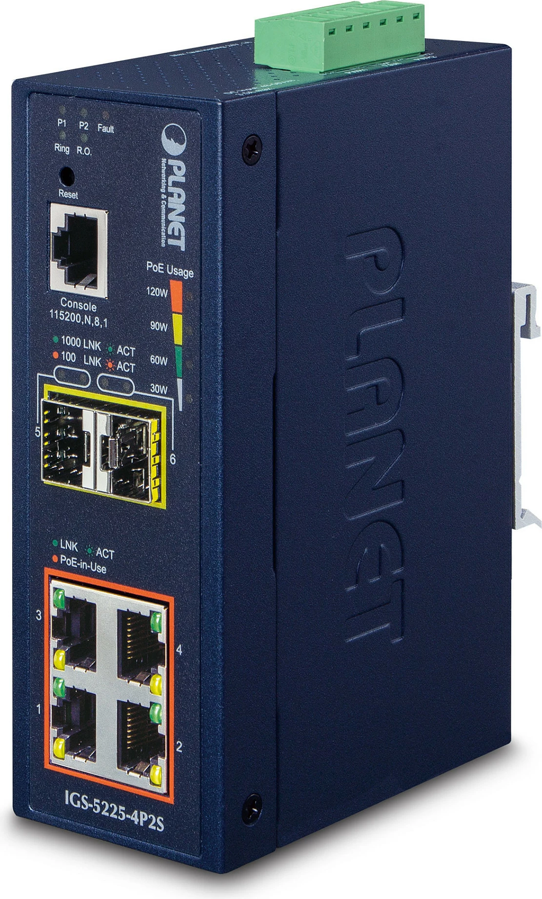 Switch Planet IGS-5225-4P2S, 4x Gigabit PoE, 2x SFP, DIN Rail, blu e errët