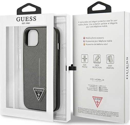 Mbështjellës Guess Saffiano Triangle për iPhone 13 mini, Hardcase, Argjendtë