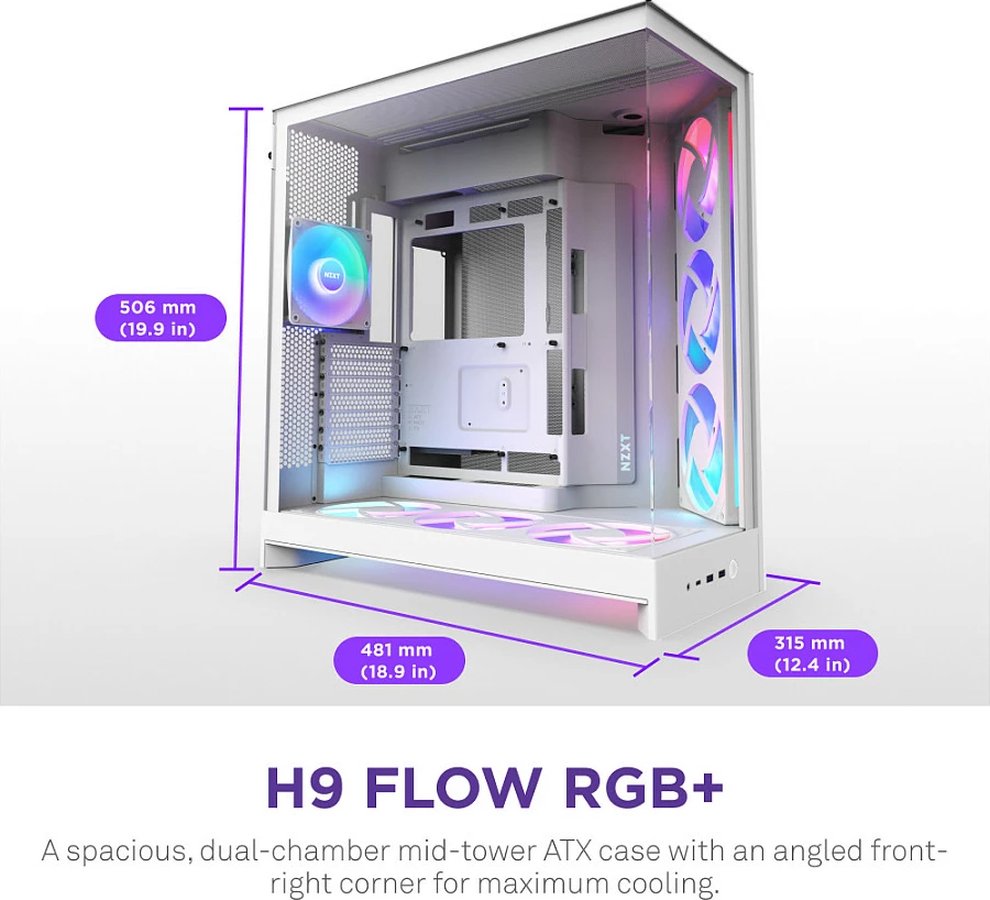 Kasë NZXT H9 Flow RGB, Midi Tower, ATX/E-ATX/micro ATX/Mini-ITX, xham i temperuar, e bardhë