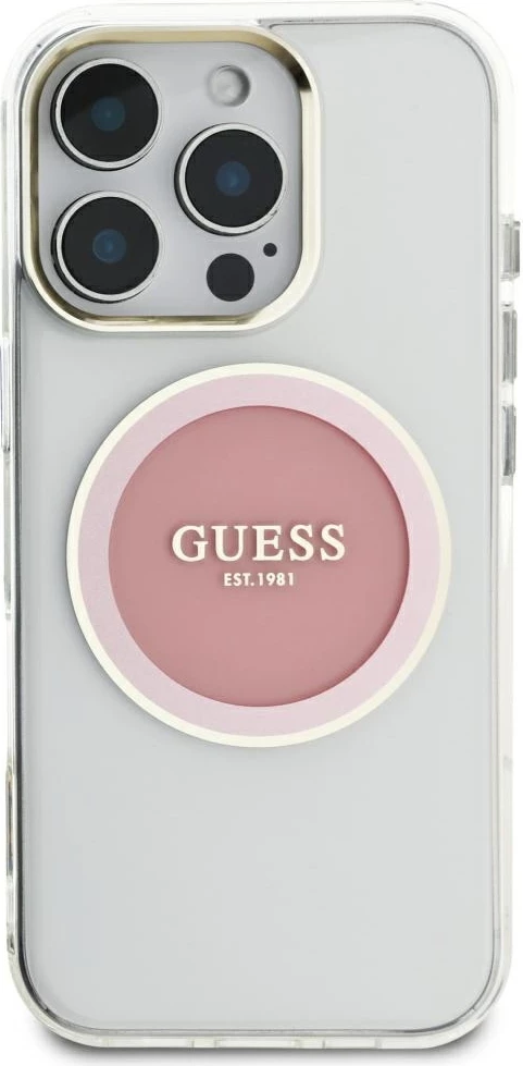 Mbështjellës Guess IML Metal Colored Circle Classic Logo MagSafe për iPhone 16 Pro Max, rozë