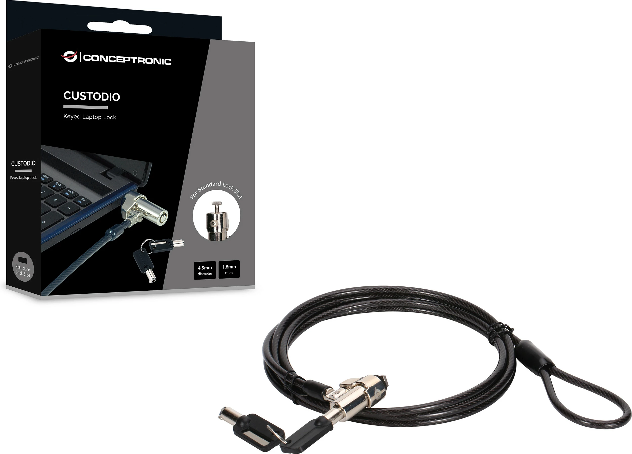 Kyç sigurie për laptop Conceptronic NBT, kabllo 1.8 m, 2 çelësa, e zezë