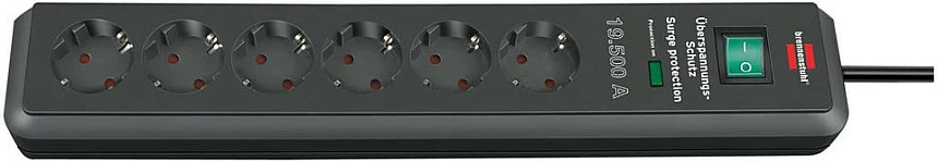 Zgjatues rryme me mbrojtje nga mbitensioni Brennenstuhl Secure-Tec, 6 priza, kabllo 2 m, 19.5 kA, i zi