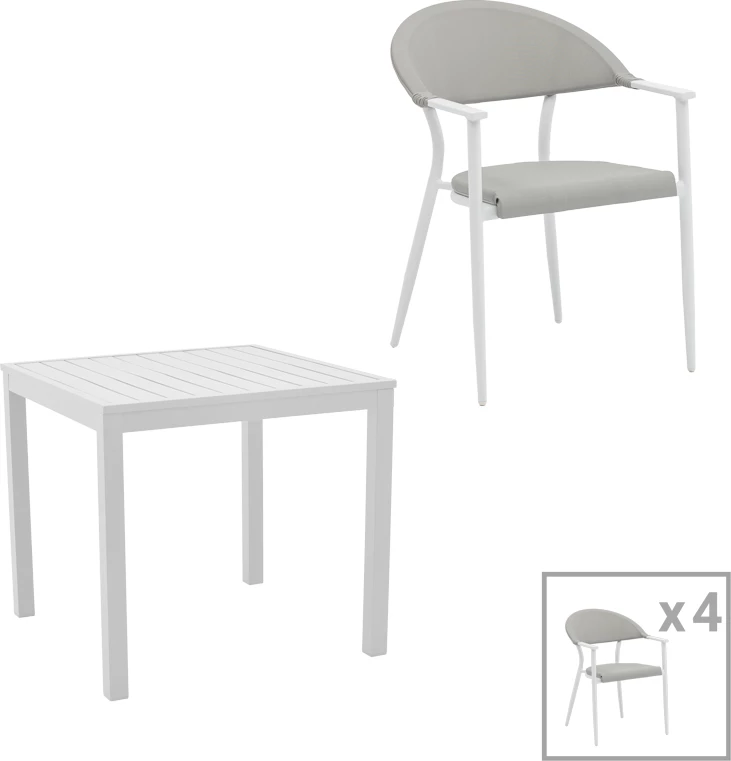 Set tavoline me karrige për terasë Kliton - Pino, alumin, ngjyrë e bardhë, 80x80x74cm, 5 copë