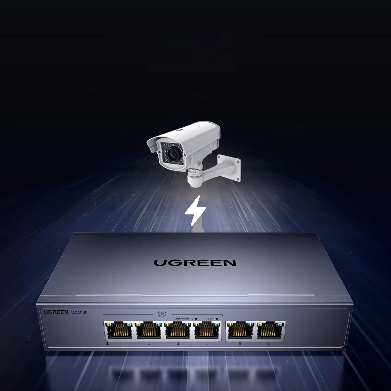 Switch Ugreen CM753 6-Port 1Gb/s me PoE+ (4x PoE+), 60W total, Gri, Në kuti