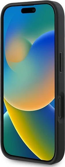 Mbështjellës Guess Peony Script MagSafe për iPhone 16 Plus, lëkurë eko, i zi