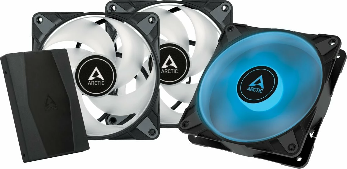 Ventilatorë për kasë PC Arctic P12 PWM PST RGB 0dB 120mm 3-pack + hub, bardh/zi