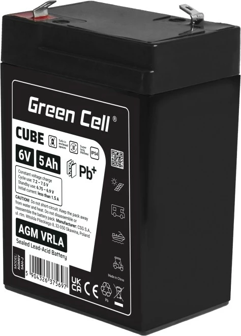 Bateri AGM VRLA, Green Cell, AGM6V5AH-J, 6V 5Ah, IP54, e zezë