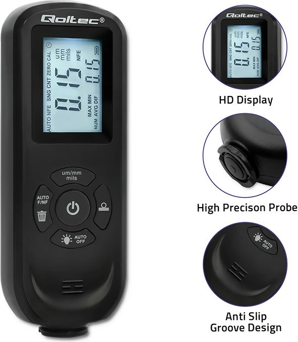 Matës trashësie boje Qoltec 50646, LCD i ndriçuar, 0-2000μm, i zi