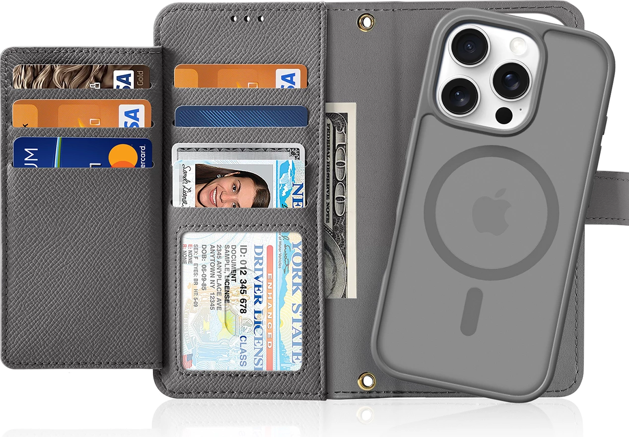 Mbështjellës Dux Ducis Lawa për iPhone 16 Pro, lëkurë, me portofol magnetik, Gri