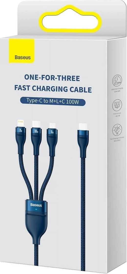Kabllo 3-në-1 Baseus Flash Series II, 1.5m, 100W, USB-A/USB-C/Lightning/Micro USB, Blu