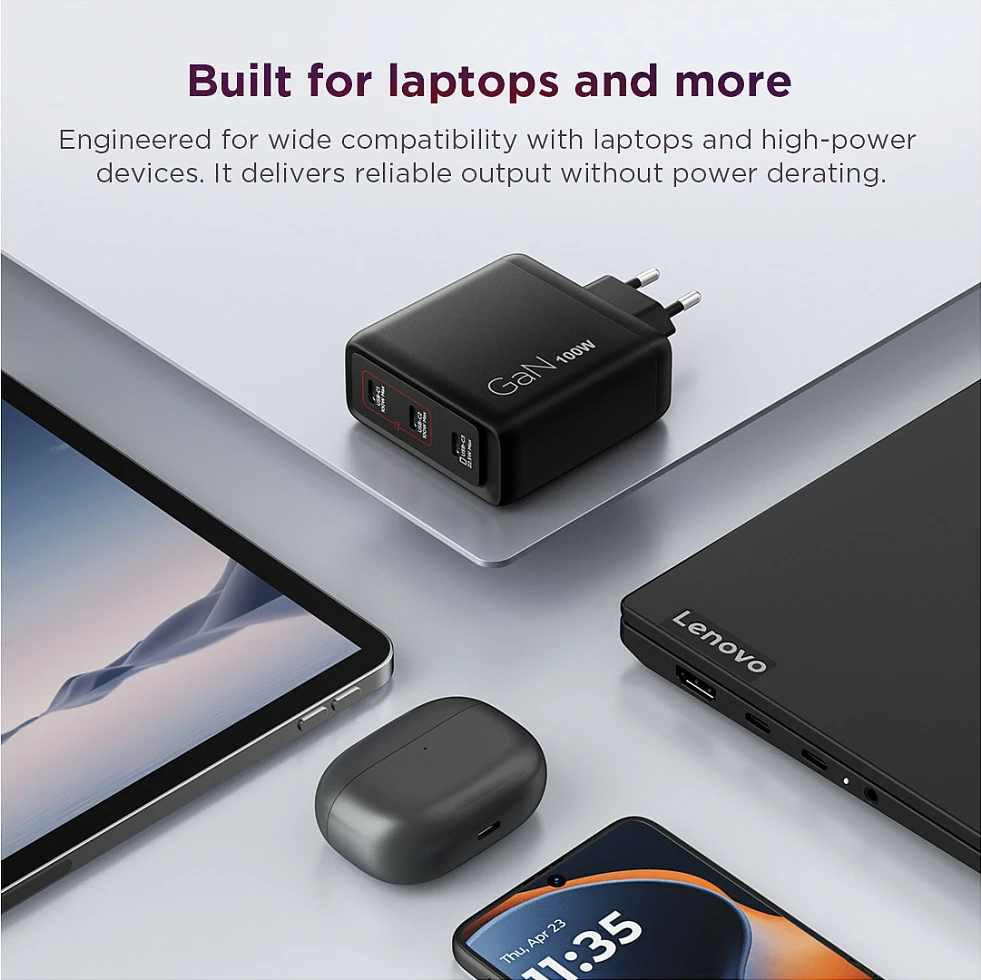 Karikues Lenovo Multi-Port USB-C 100W GaN, 3 porta, kabllo USB-C 1.8m, i zi