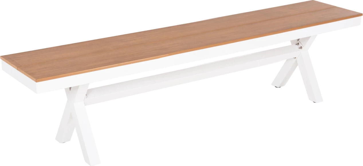 Stol alumini, TAWNEE, FH6038.02, ngjyrë e bardhë, me sipërfaqe tavoline polivudi, ngjyrë druri natyral, 150x36x45 cm