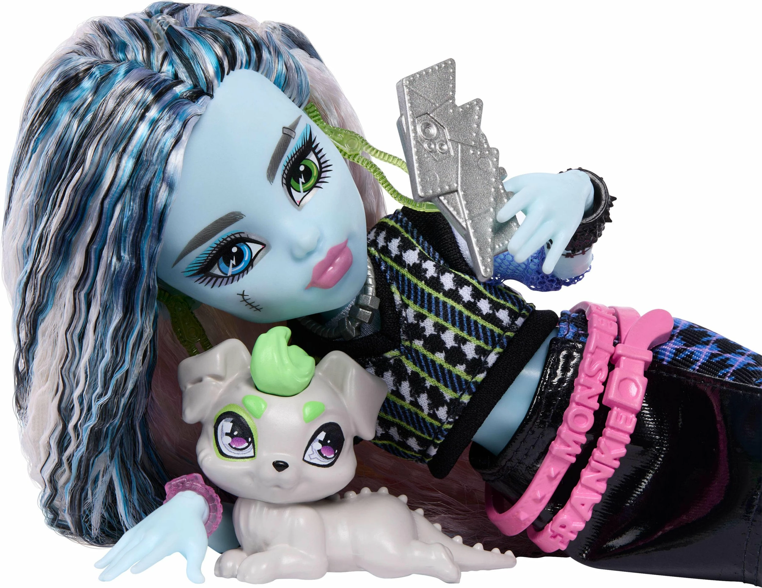 Kukull Mattel Monster High Frankie Stein JHK31, 28.5 cm, me qenush Cotoś dhe aksesorë, shumëngjyrëshe