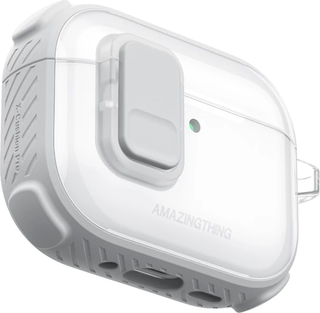 Mbështjellës AmazingThing Titan Pro Mag për AirPods Pro 3, PC/TPU, me karabinë, i tejdukshëm, i bardhë