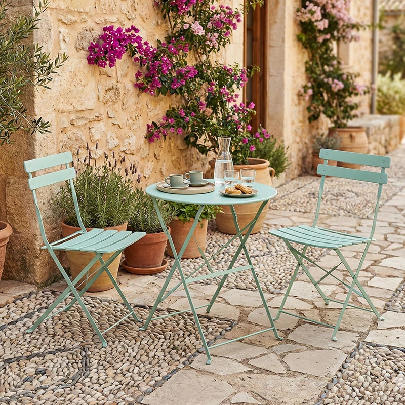 Tavolinë me karrige për terasë, metalike, palosëse, ngjyrë mente, set 3 copë, Φ60x71cm