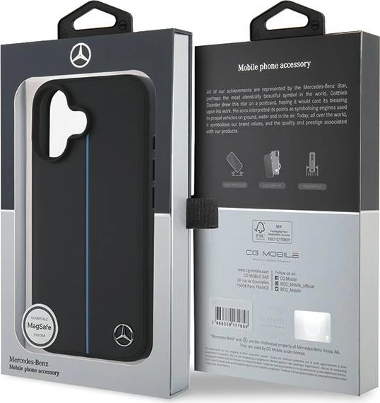 Mbështjellës Mercedes MB Blue Line lëkurë me MagSafe për iPhone 16, Zi