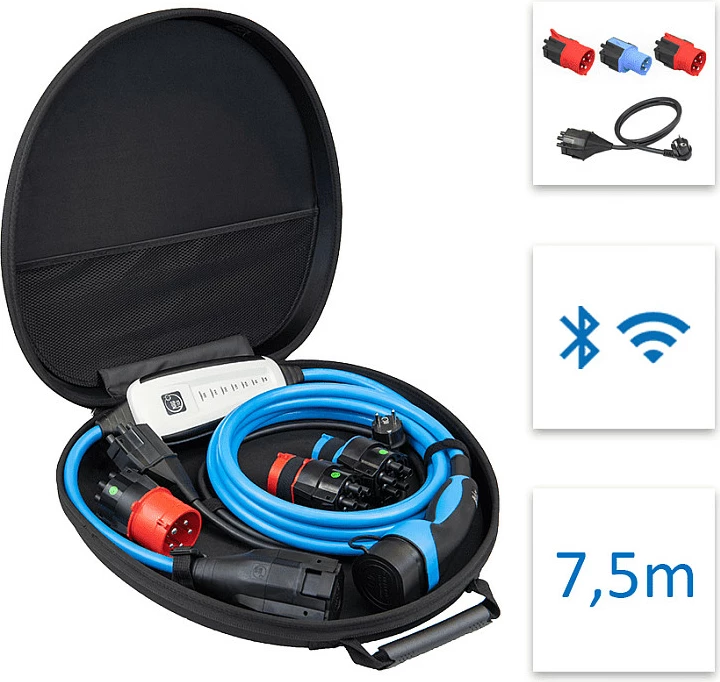 Karikues portativ për veturë elektrike NRGkick Set Optimal, Type 2, 22 kW, 32 A, kabllo 7.5 m, Wi‑Fi/Bluetooth, zi/blu/kuq