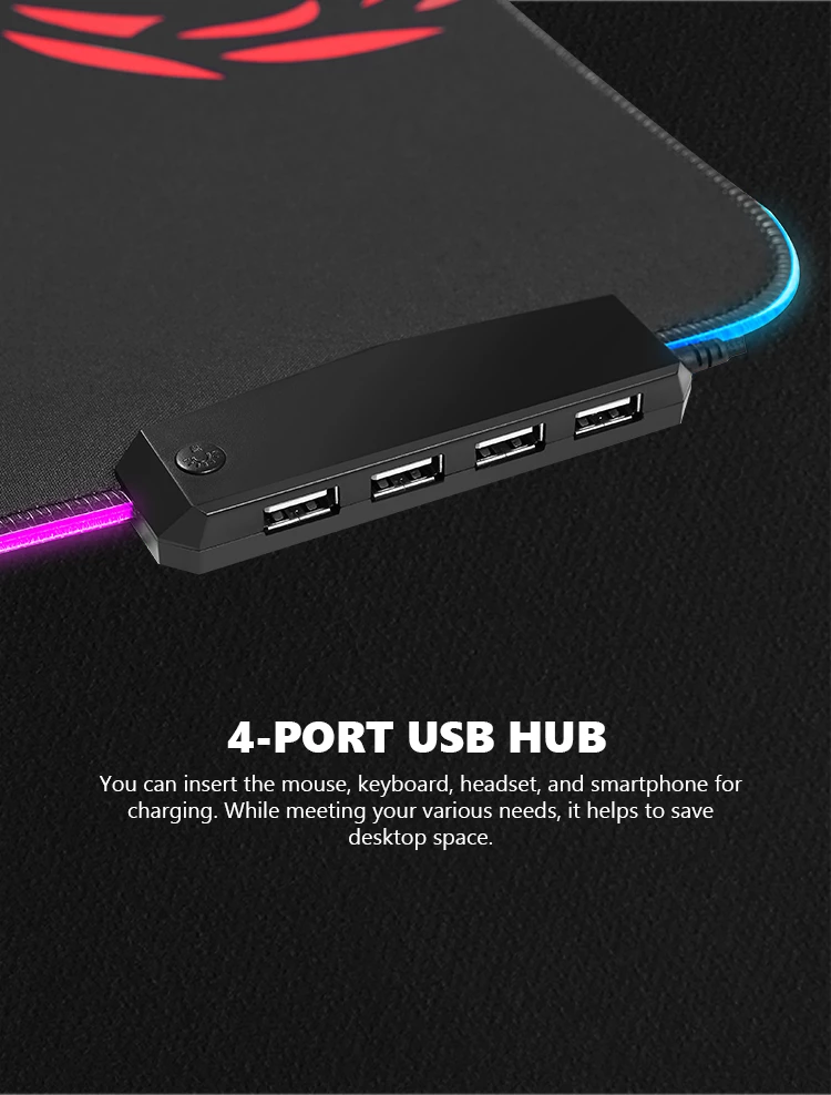 Mauspad gaming Marvo MG011 RGB, XL 800 x 300 mm, me USB Hub 4-port, e zezë