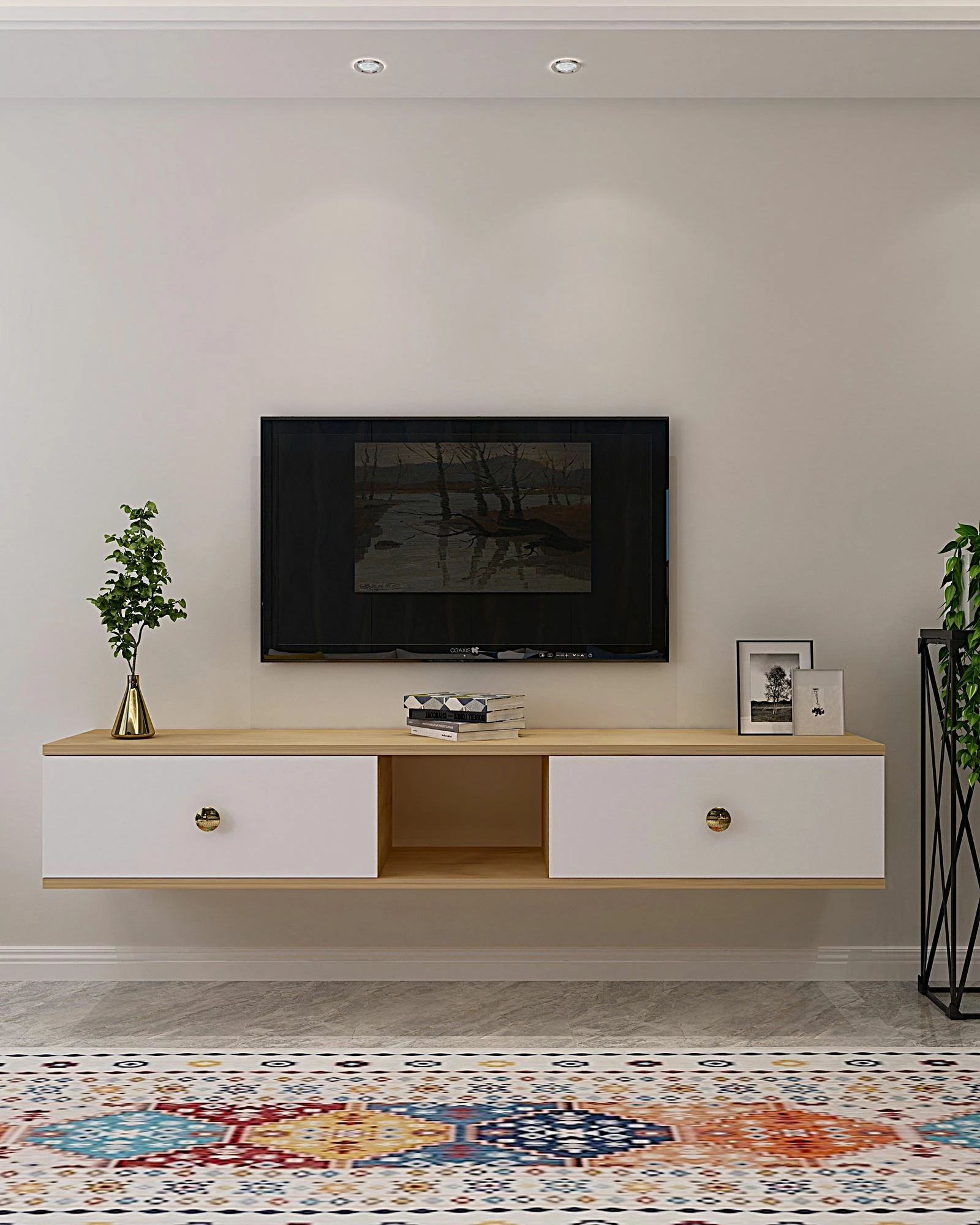 Komodë TV Skye Decor, Zuzu 150, ngjyrë lis safir, e bardhë