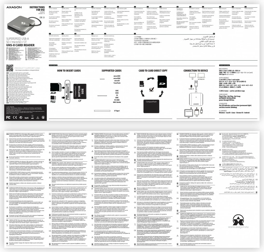 Lexues kartelash AXAGON CRE-S3, USB-A, 3 slote, USB 3.2 Gen 1, Gri