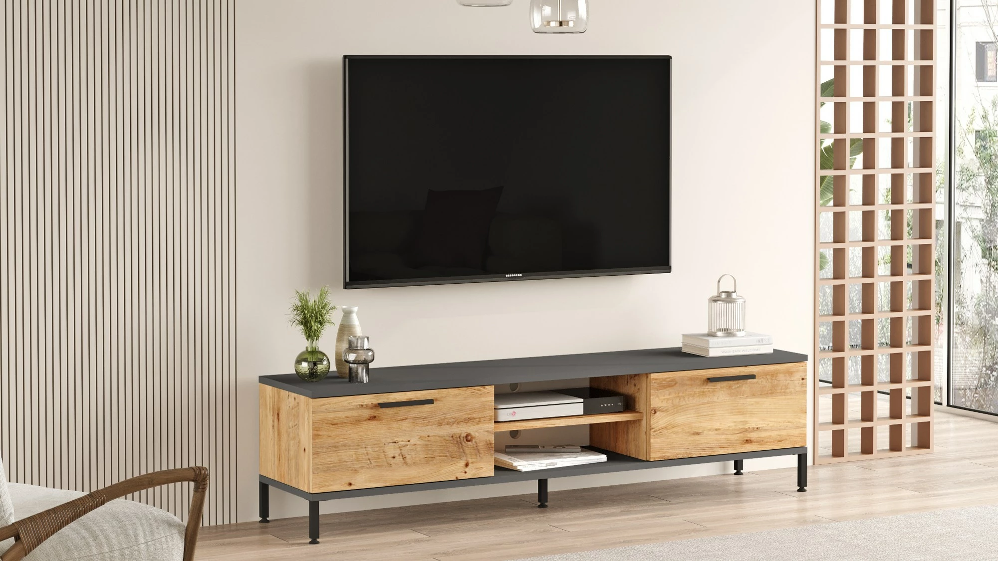 Konsolë TV Hanah Home, Rl1-Aa, ngjyrë Atlantic Pine dhe antracit