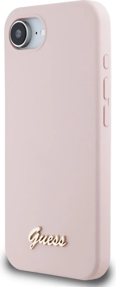 Mbështjellës Guess Silicone Script Metal Logo MagSafe për iPhone 16e, Rozë