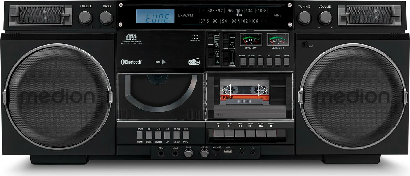 Sistem zëri Medion LIFE P66538, 20 W, DAB+/FM, Bluetooth 5.1, CD/USB/microSD/kasetë, i zi