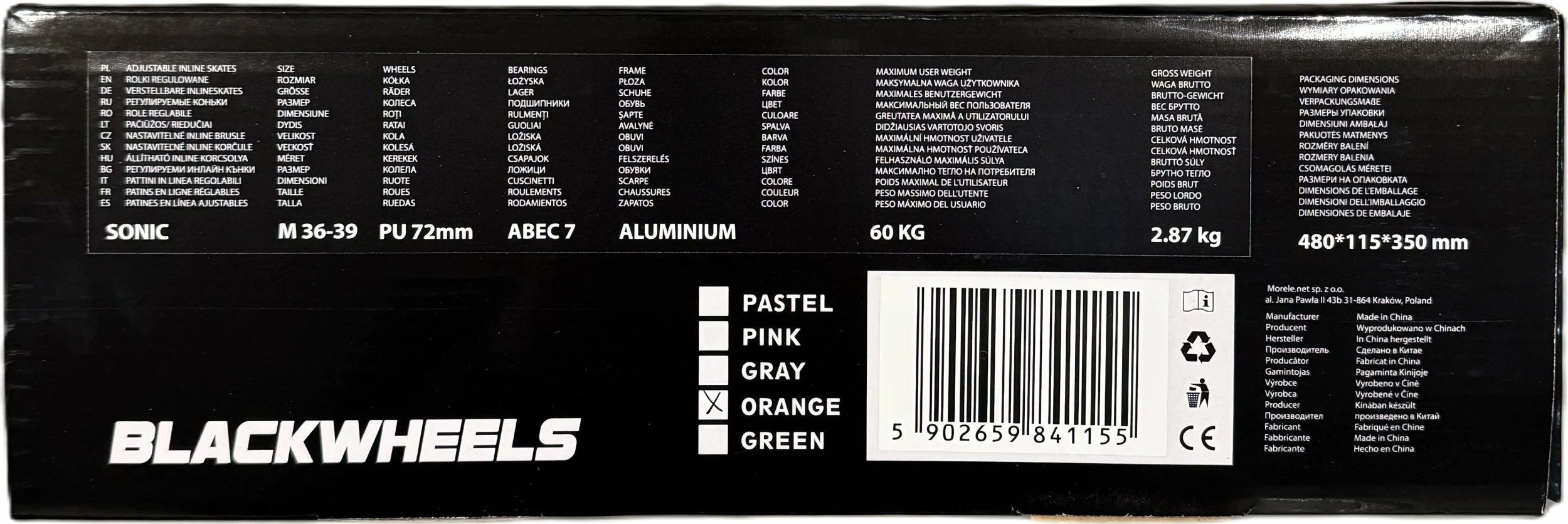 Patina inline Blackwheels Sonic e rregullueshme 36-39, portokalli-zi