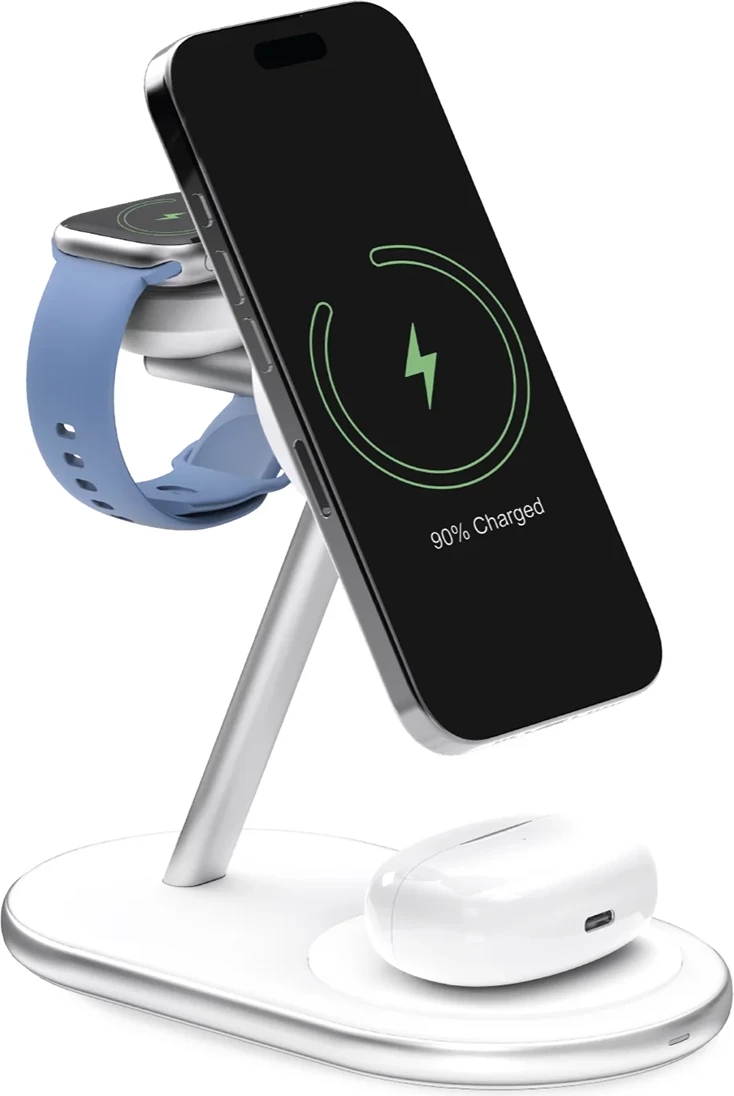 Karikues wireless 3-në-1 Puro Mag Station Qi2, MagSafe, i bardhë